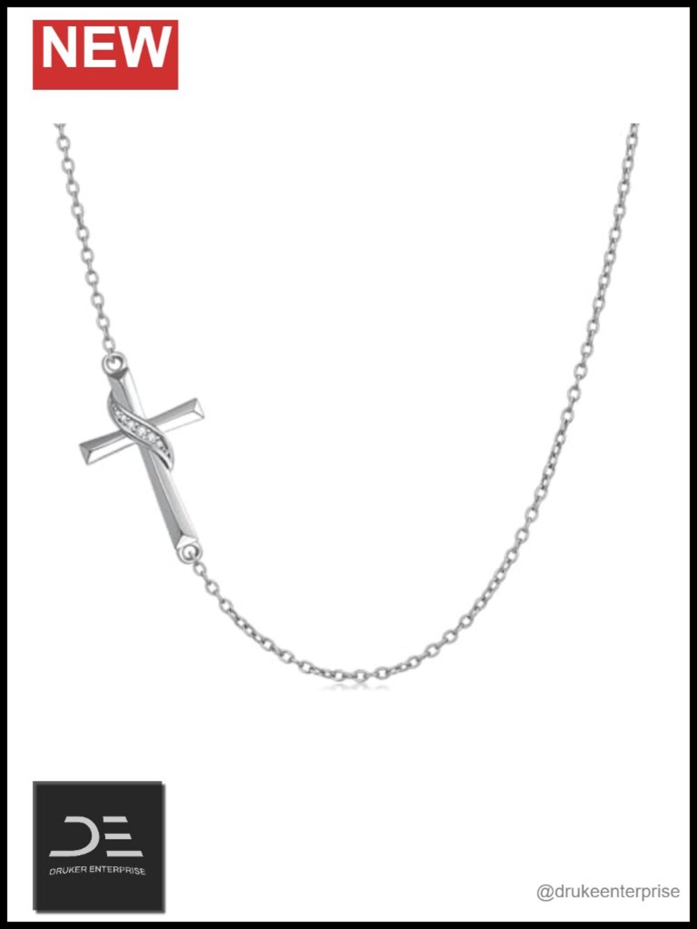 Sterling Silver Sideways Cross Choker Necklace with Lab Grown Diamond, 15-17